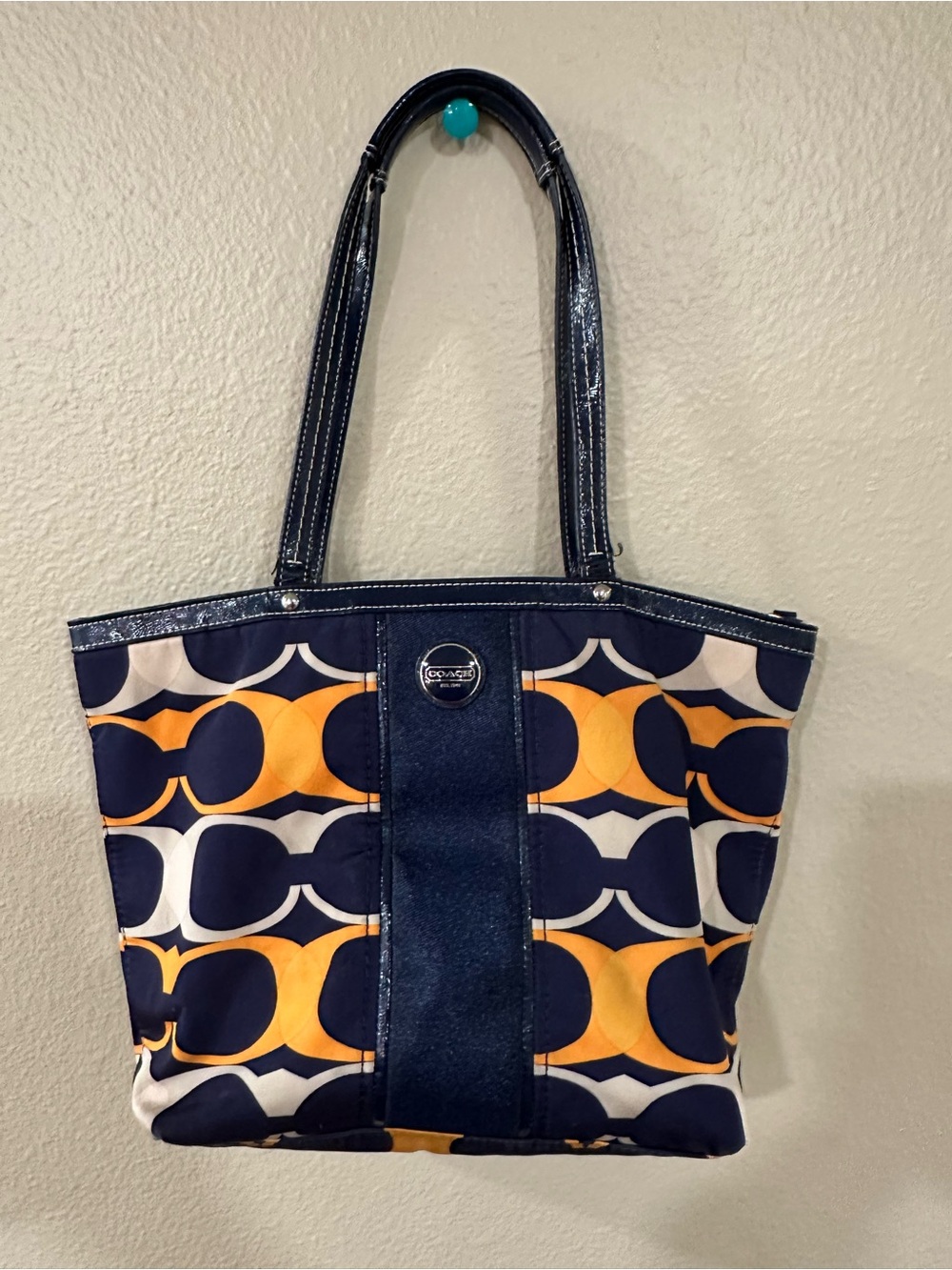 Coach Navy, Yellow & White Signature Pattern Tote